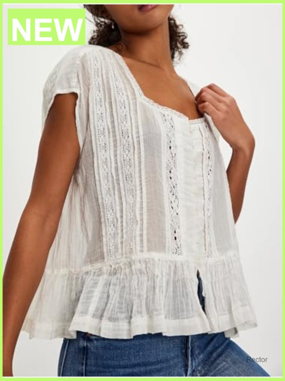 Flowey Sheer Lace Embroidered Babydoll Button Down Blouse - Picture 2 of 4